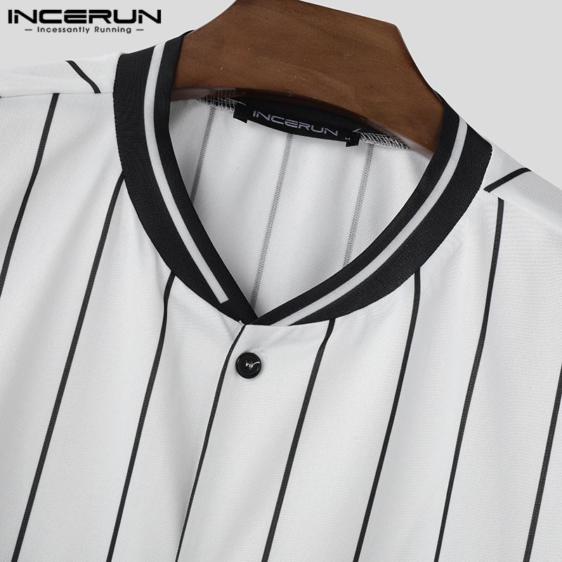 INCERUN Men Collarless Striped Short Sleeve Buttons T-shirts Stitching Summer Tops
