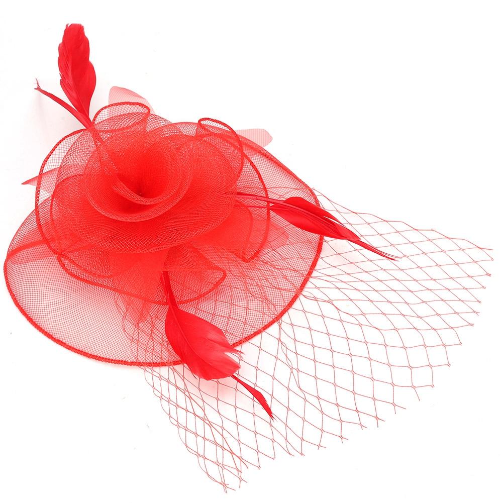 Ladies Gauze Hat Bridal Wedding Birdcage Fascinator Hair Accessory (Red)