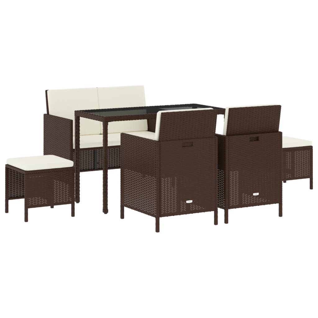 6 Piece Outdoor Dining Set with Cushions Brown Poly Rattan