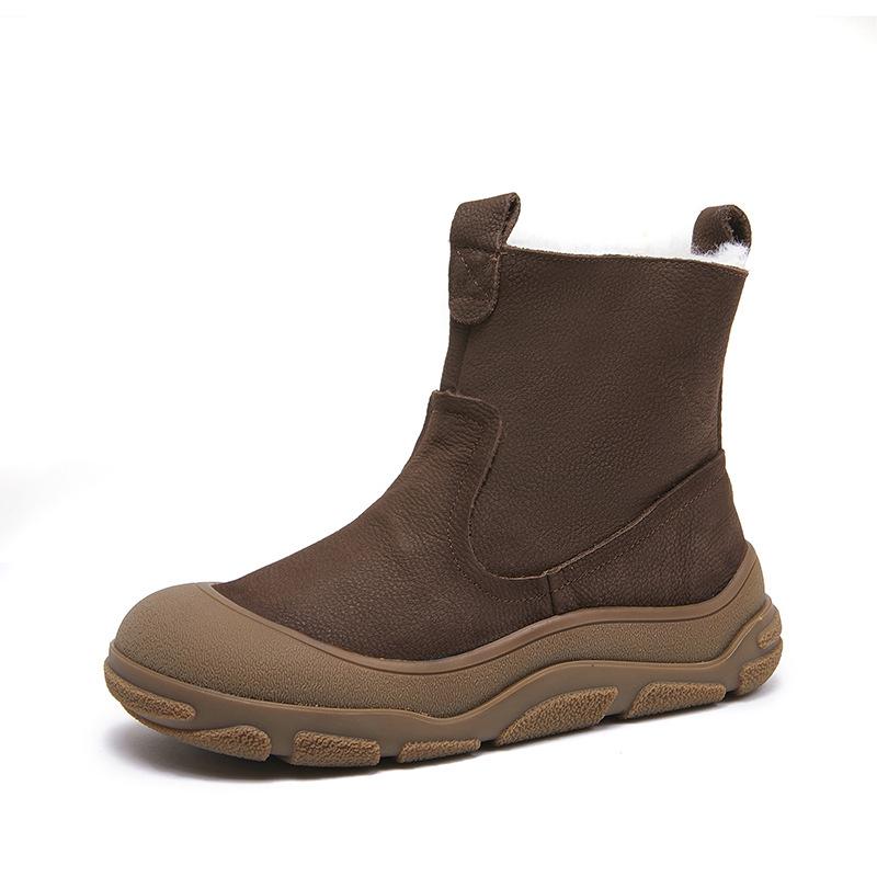 Johnature Genuine Leather Wool Warm Boots Round Toe Thick Soled Side Zipper Retro Women's Short Boots