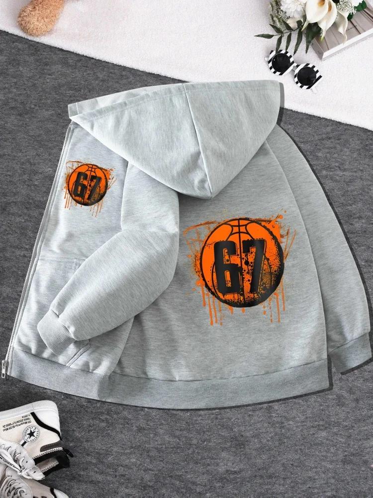 Childrens Zip Hooded Jacket Orange Drip Basketball Hoop Number 67 Graphic Long Sleeve Casual Basketball Lover Street Coat