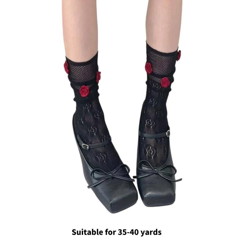 Womens Floral Lace Pattern Crew Socks Soft Nylon Blend Colorful 3D Rose Flower Mesh Fishnet Middle Calf Socks Daily Wear