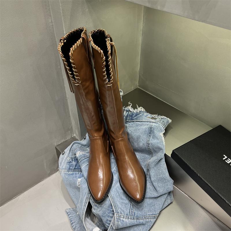 

Coarse heel long tube high boots women s 2025 autumn and winter new Korean version wind pointed side zipper but knee knight boots 40 темно-коричневого