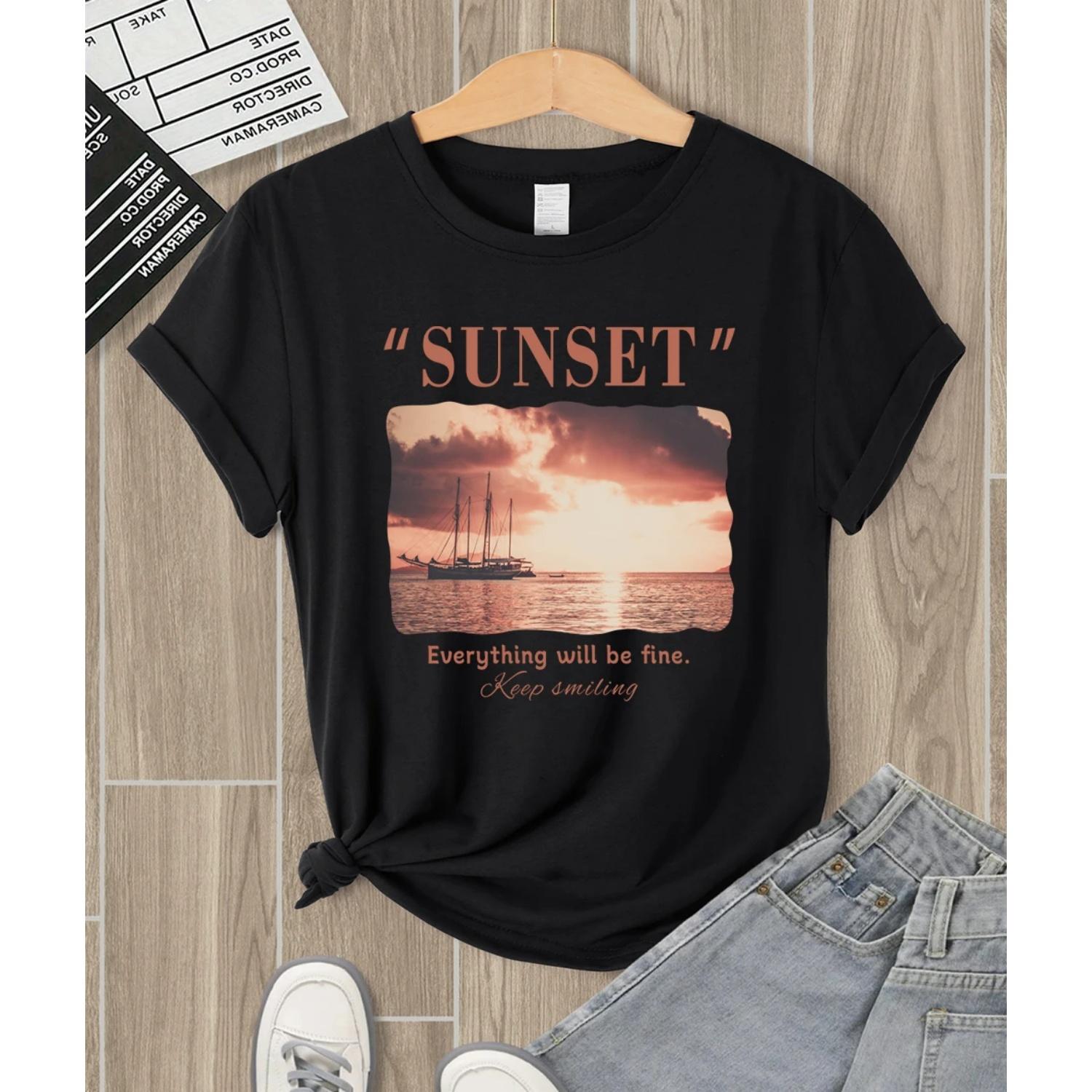 

Beautiful Seaside Scenery Pattern T-Shirts Women Summer Casual T Shirt Soft Fashion Clothing Hip Hop O-Neck Woman Sportswear S чёрный