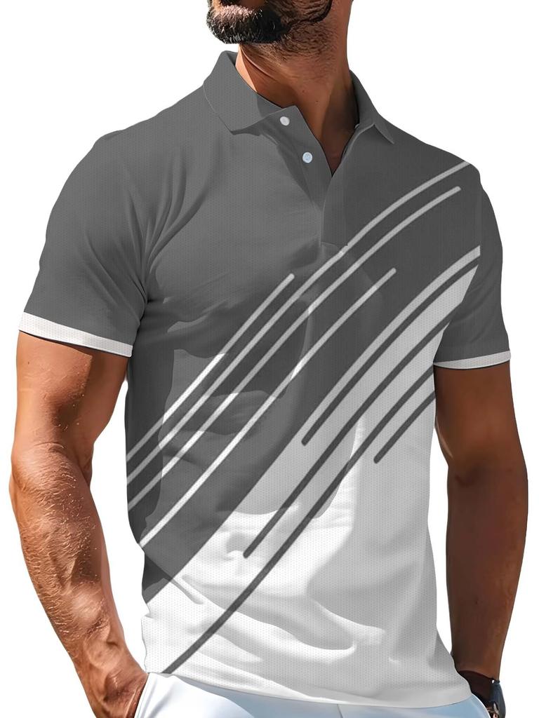 [Print Design - Not Textured] Men'S Outdoor Short Sleeve Polo Shirt, Multi-Size Available, Men'S Collared Polo, Gray White Contrast Print Men'S Top,
