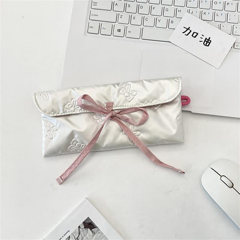 Sweet Quilted Bow Love Flap Pencil Case Organizer Coin Purse  Girly Cosmetic Bag Women Portable Sundries Storage Bag Gift