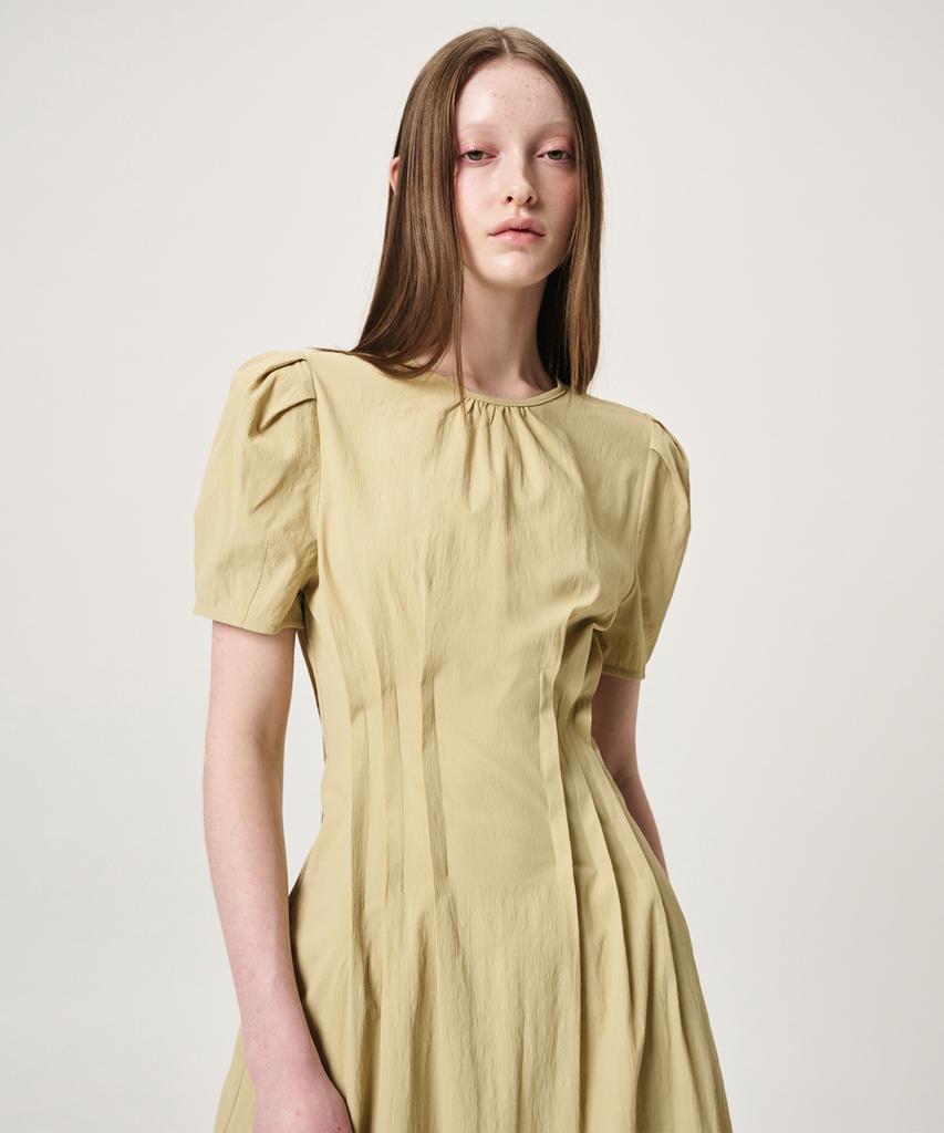 Etmont Waist Pintuck Dress, Olive Yellow