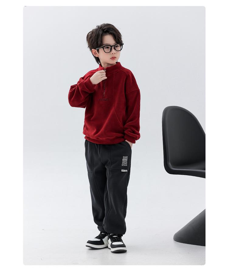 Doppelseitiger Kapuzenpullover für Jungen aus australischem Fleece mit halbem Reißverschluss - Kollektion Winter 2025, Stehkragen, Langarm-Oberteil für mittleres und großes Kind