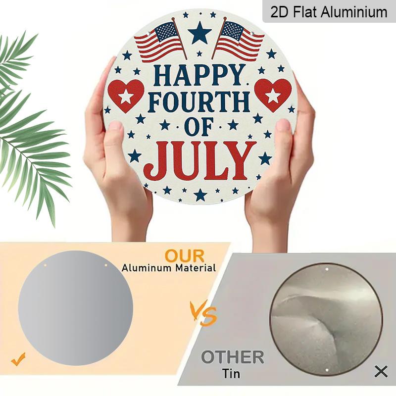 Patriotic Independence Day Metal Aluminum Wall Decor - 2D Flat Print American Flag Design with Stars, Stripes & "Happy 4th of July" Text