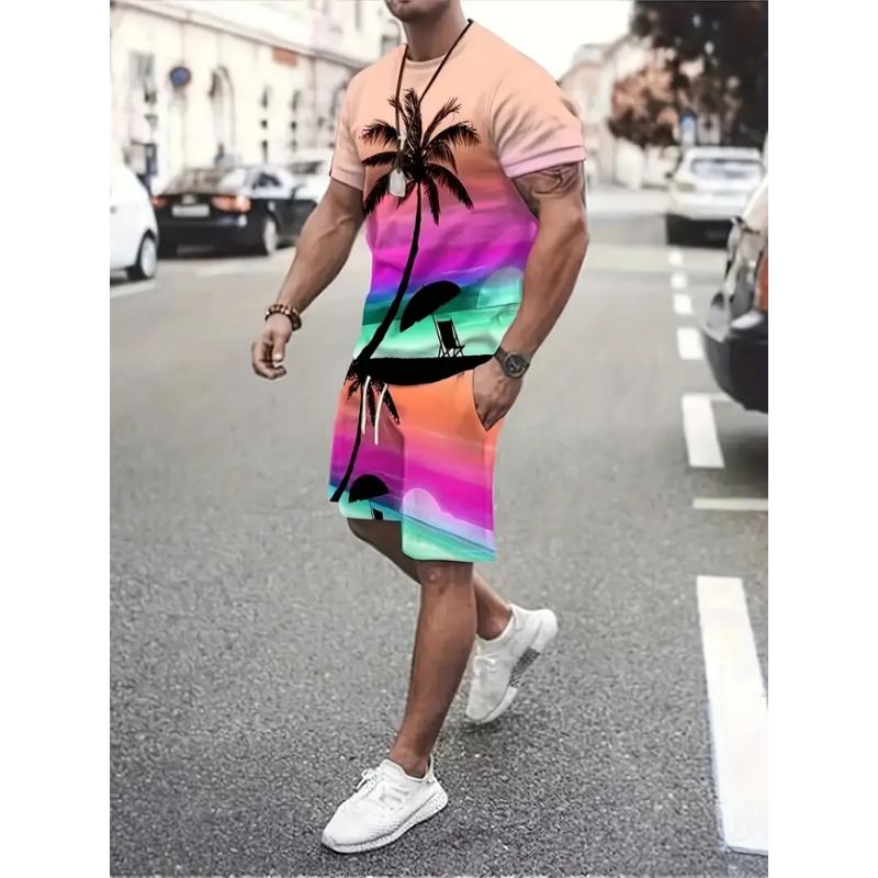 Traje de Moda Estampado 3D de Coco Hawaiano Cuello Redondo para Hombre Casual Diario Manga Corta y Pantalones Cortos Traje de Moda Urbana Harajuku