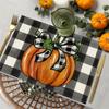 1PC Thanksgiving Halloween Pumpkin PlaceMat Watercolor Checkered Bow Design Linen Meal Mat Full of Festival Atmosphere Durable