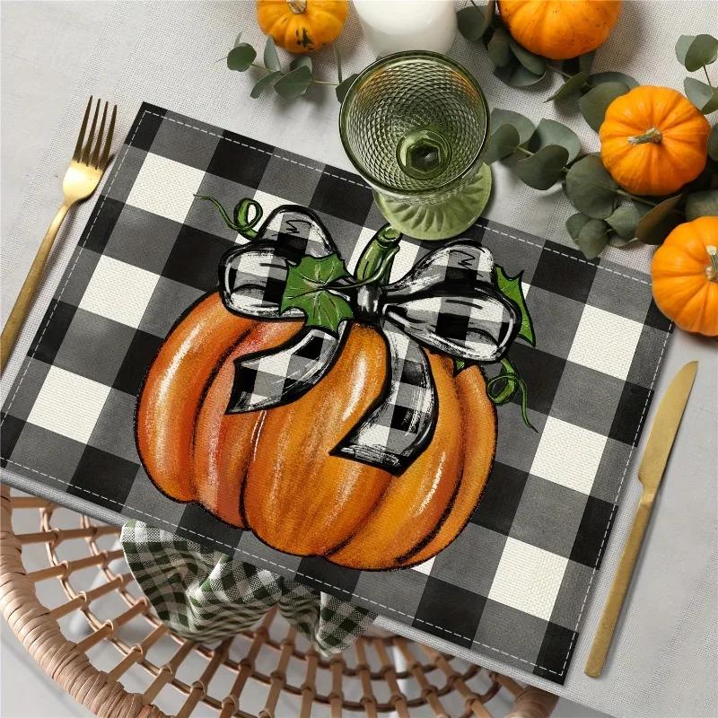 1PC Thanksgiving Halloween Pumpkin PlaceMat Watercolor Checkered Bow Design Linen Meal Mat Full of Festival Atmosphere Durable