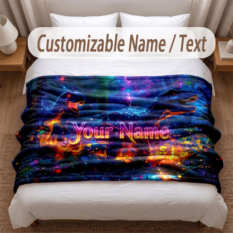 Dinosaur Theme Soft Blanket Personalized Custom Name Text Print Warm Blanket Home Sofa Bedroom Decor