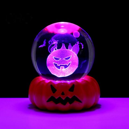 Festive LED Pumpkin Decoration Halloween Crystal Ball Night Light for Kids 3D Charming Decor Lighting with Resin Base Globes Lamp Indoor Bedroom Home