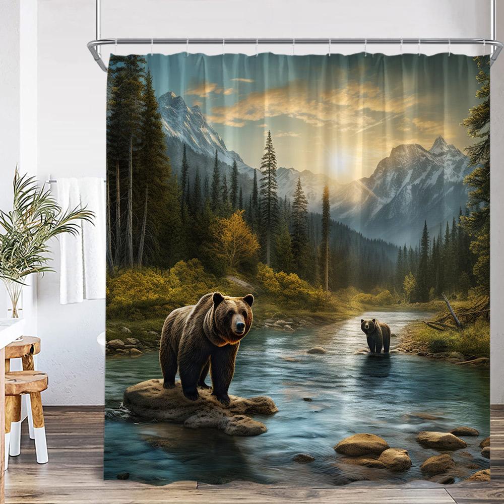 Brown Bear Animal Print Shower Curtain Forest Scenery Snow Mountain Stream Natural Landscape Polyester Bath Curtain With Hook