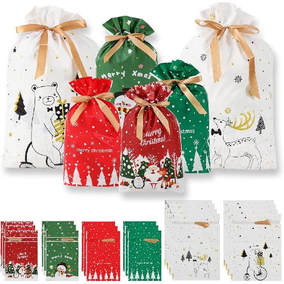 Bomvabe 20 Drawstring Gift Bags for Christmas Presents, Food Grade Christmas Treat Bags for Candies Cookies, Christmas Wrapping Bags Assorted Sizes