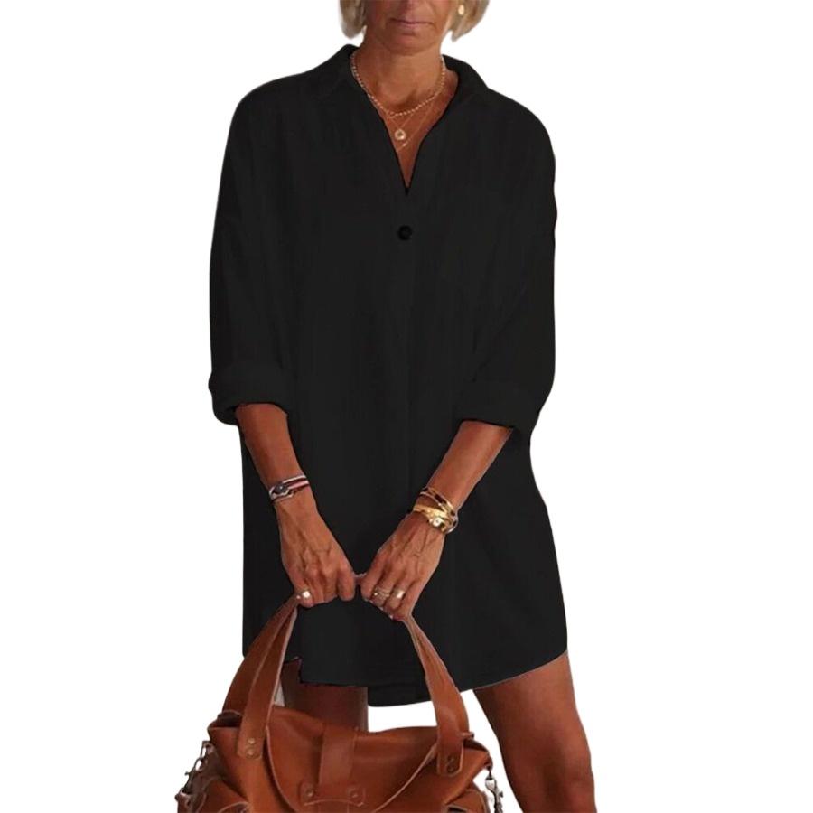 Medium Long Shirt White Pink V Neck Long Sleeve Loose Solid Color Shirt for Women