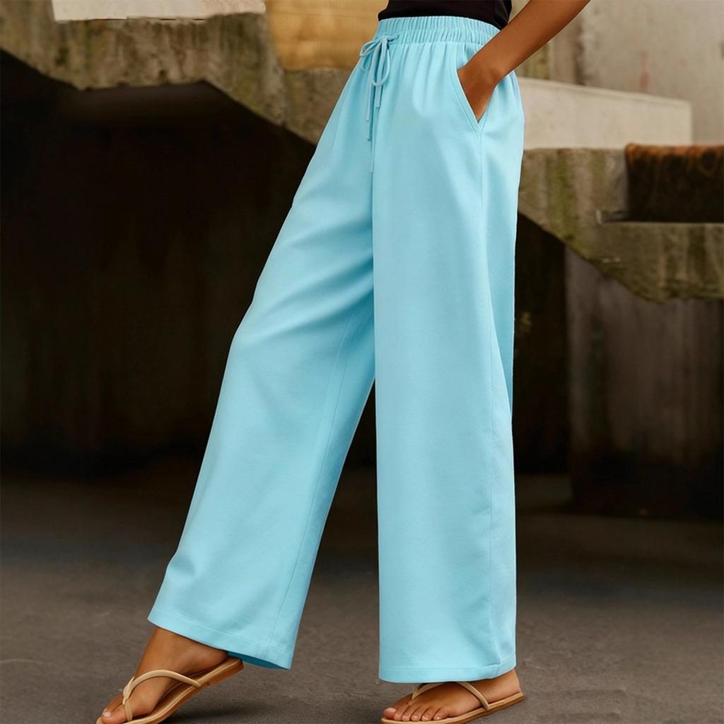 Damen Modische Einfarbige Elastische Taille Tasche Kordelzug Gerades Bein Lässige Hose