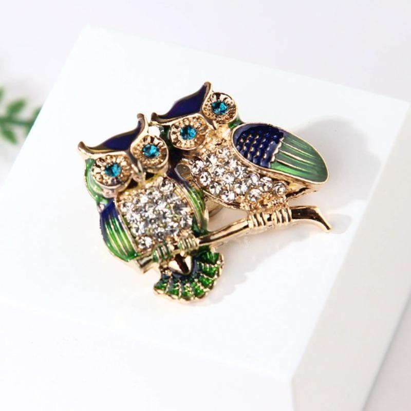 Trendy Double Owl Brooches Rhinestone Brooch Badge Pin Bird Animal Party Casual Suit Decoration Badge For Women Corsage Gifts