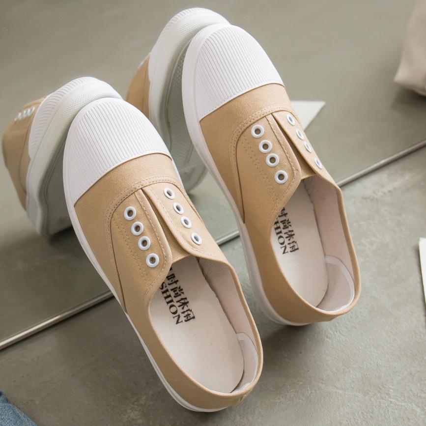 Korean Style Women's Canvas Slip-On Shoes, White, Size 41, No Heel. Perfect for Summer and Year-Round Wear.