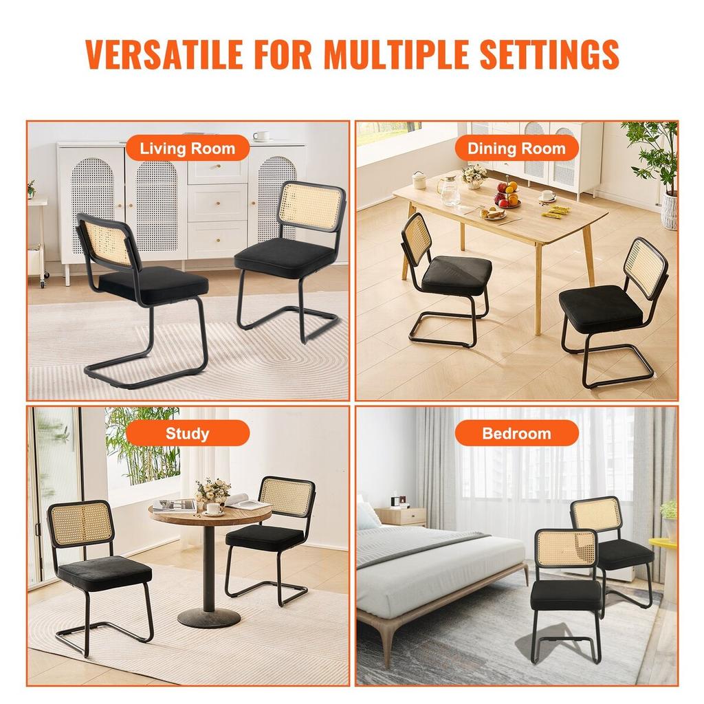 Rattan Chairs, Set of 2, Mid Century Modern Dining Chair, Upholstered Velvet Accent Chair with Rattan Back, Retro Dining Room Kitchen Chair for Living