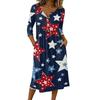 Women's Casual 3/4 Sleeve Button Front Midi Dress with Independence Day Print and Relaxed Fit for Everyday Wear
