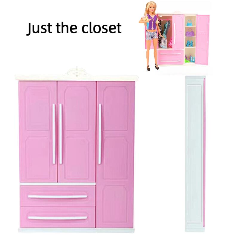 Doll Wardrobe Barbie Toys Threedoor Furniture Plastic Clothes Cabinet Storage