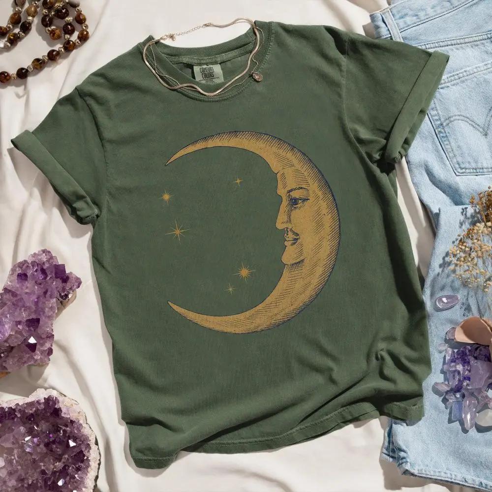 Women Retro Loose Short Sleeve Top Boho Moon Print Shirt Comfort 100 Cotton Crewneck Tshirt Casual Daily Fashion Streetwear