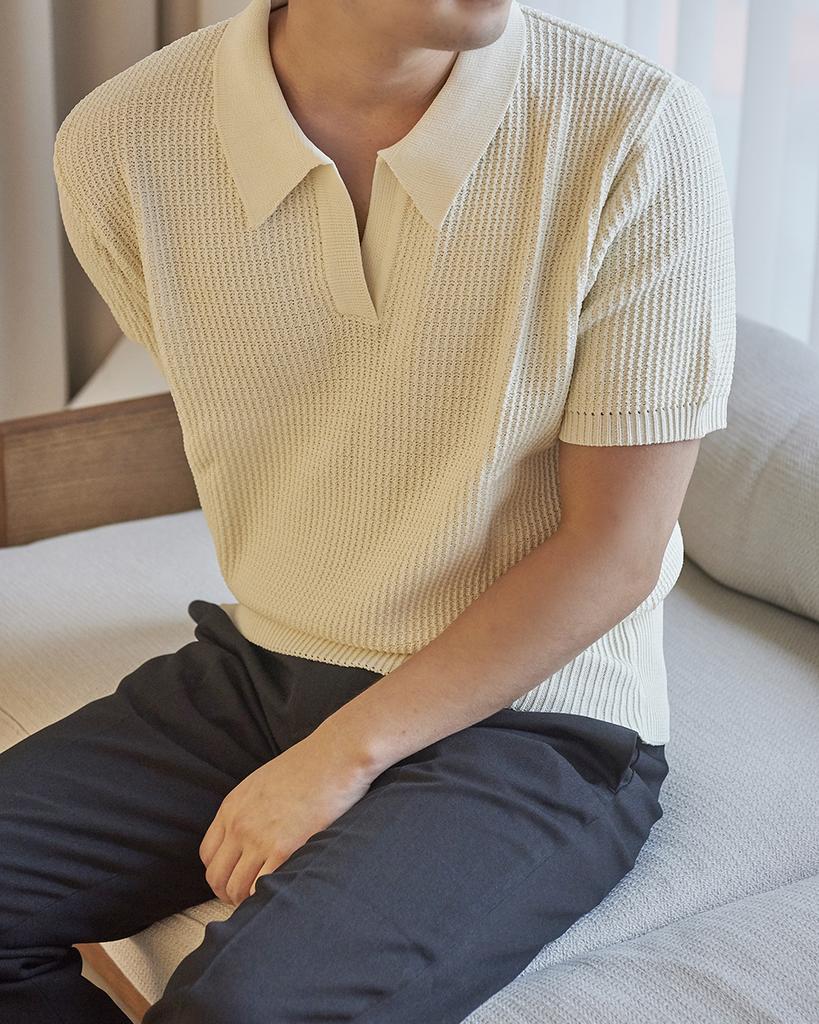 DEVERRMAN Open Collar Signature Half Knit (Ivory)