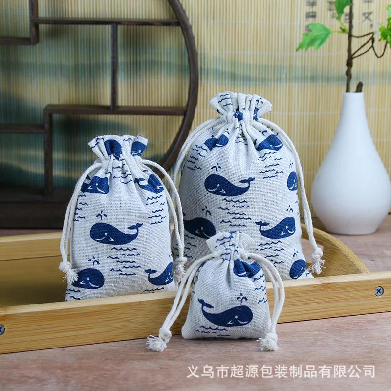 10pcs/lot Linen Drawstring pocket Cute Pattern Printed DIY wedding Candy Storage Bag Travel Makeup Cloth Shoes Sundries Storage