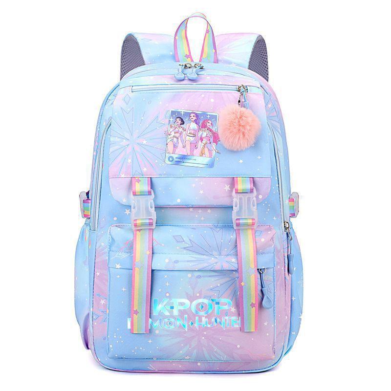 Korean Style School Backpack Teenagers Large Capacity Nylon Bookbag With Padded Straps Cartoon Print Unisex Student Bag