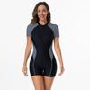 New Color-blocked Short-sleeved Conservative One-piece Swimsuit Women's Foreign Trade European and American Tight-fitting Boxer Zipper Swimsuit