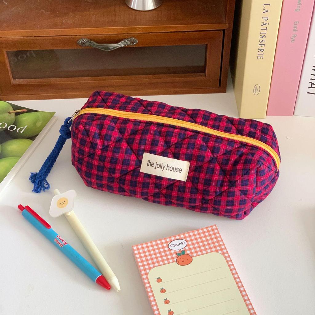 Creative Contrast Color Plaid Cosmetic Bag: Large Capacity, Hand-Held Travel Makeup Brush Storage for Women
