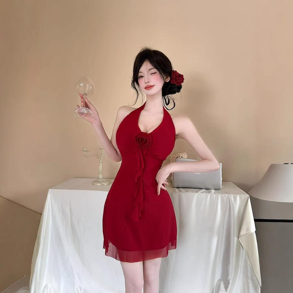 Sexy Dress Women's New Mesh Pure Desire Neck Slim Short Suspender Vest Hip Skirt