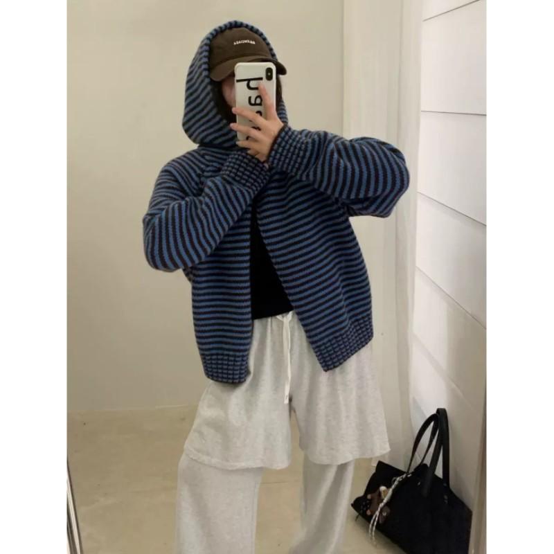 Women Autumn Korean Style Knitted CardigansLoose Knit Hooded Zipper Jackets Tops