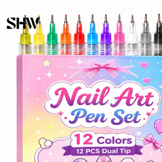 Dual Tip Nail Art Tools 12Pcs Markers for Girls, 12 Colors Markers, Broad & Fine Creative Beauty Crafts Kids Polish Pens, Quick Dry DIY Manicure