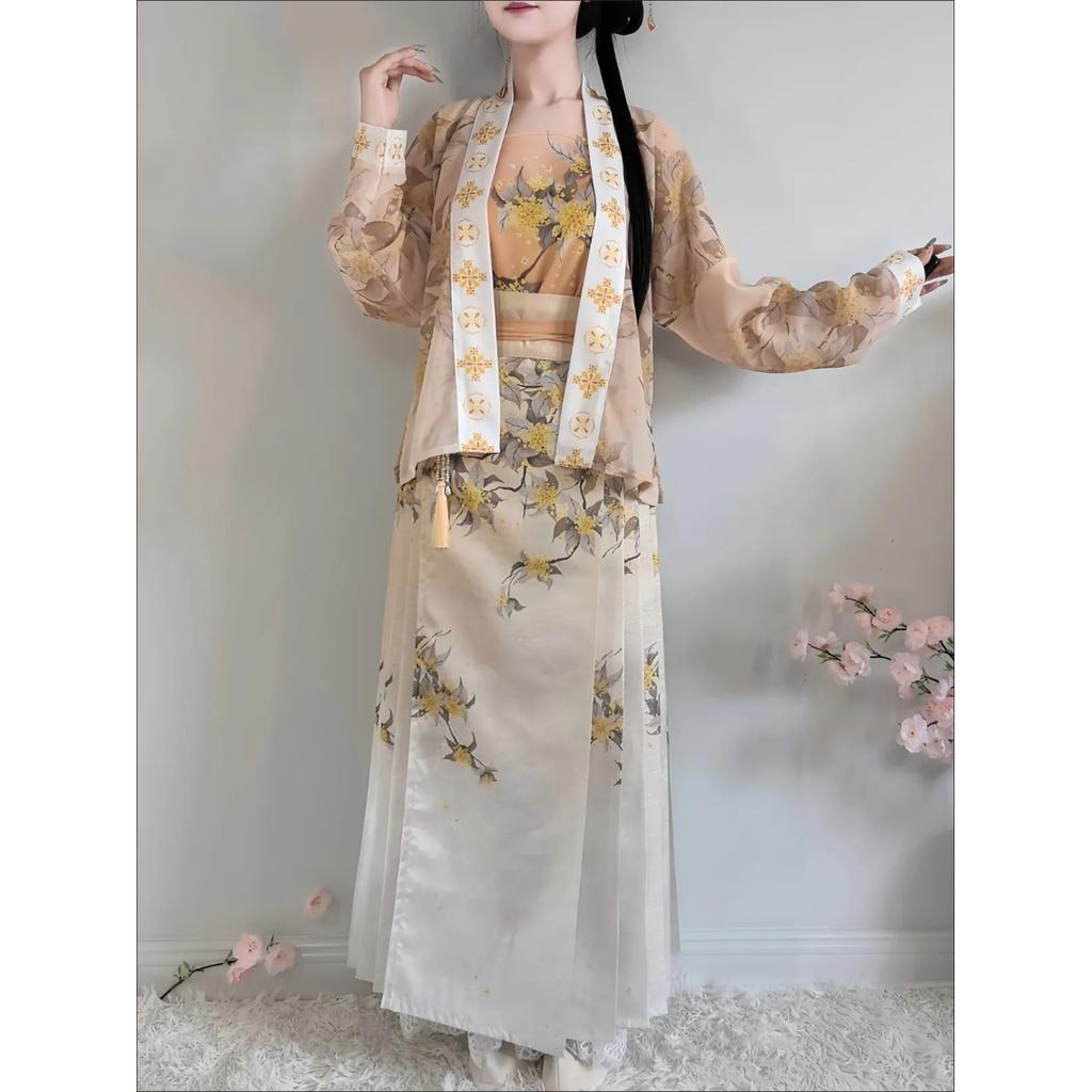 Chinese Ming Dynasty Style horse-face  Skirt Osmanthus Print Daily Suit For Women