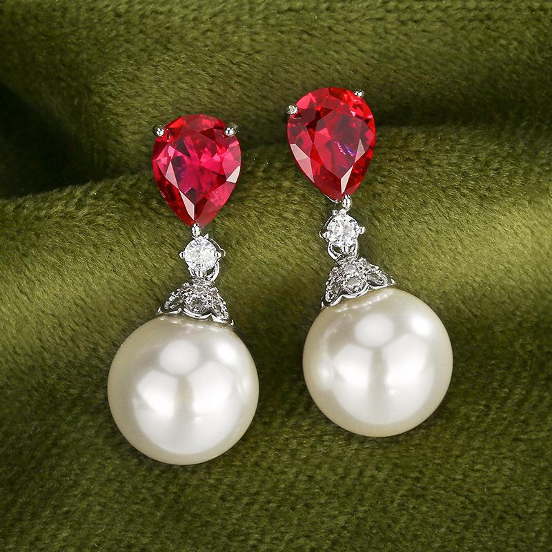 Jewelry Earrings S925 Silver Needle Pearl Ruby Light Luxury Women's Fashion
