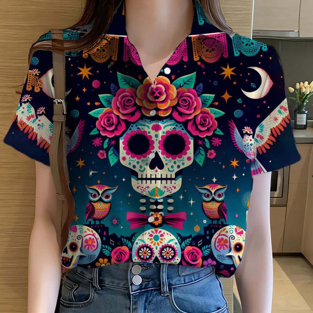 

Рубашка мексиканская женская с рисунком сахарного черепа, блузка с короткими рукавами и пуговицами, летняя женская рубашка 2000 года L