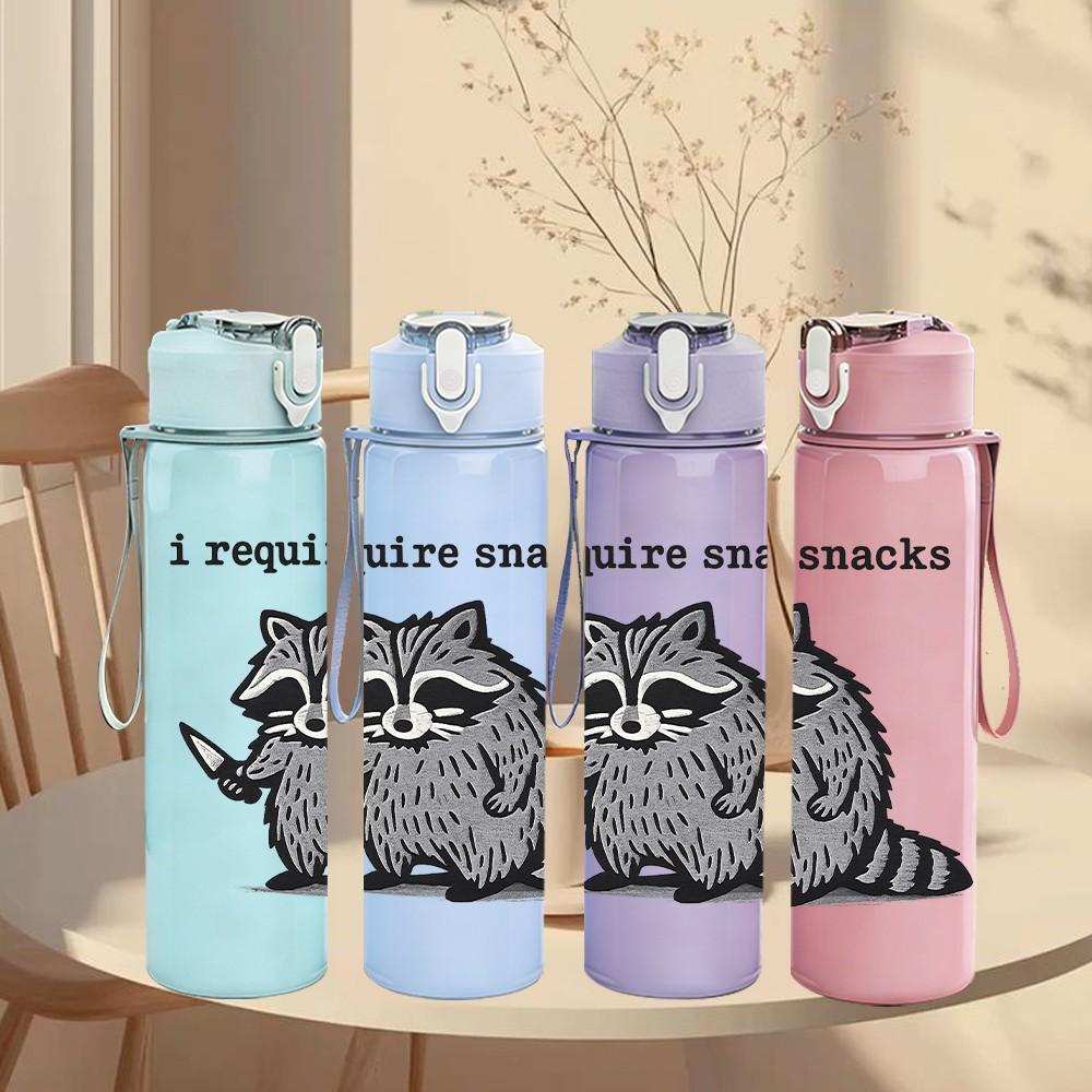 1PC Raccoon Require Snacks Quote Print 750ml Color Plastic Sports Water Bottle Leakproof Flip Straw Lid Suitable for Sports Office Home Use