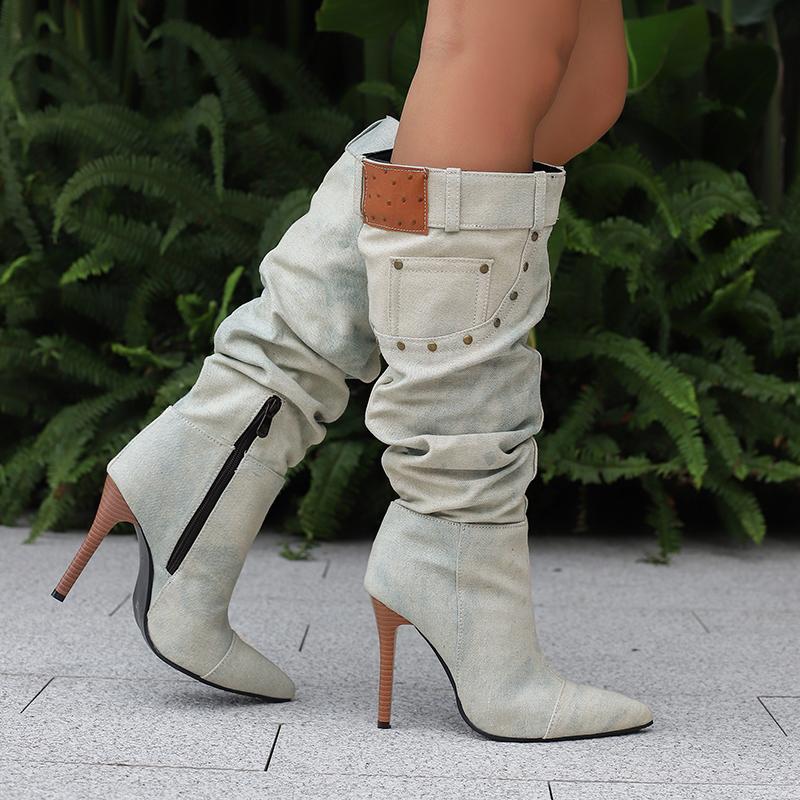 Women's High-heeled Boots Sexy European and American Style Pointed-toed Thin-heeled Large-size Cowboy Mid-boots