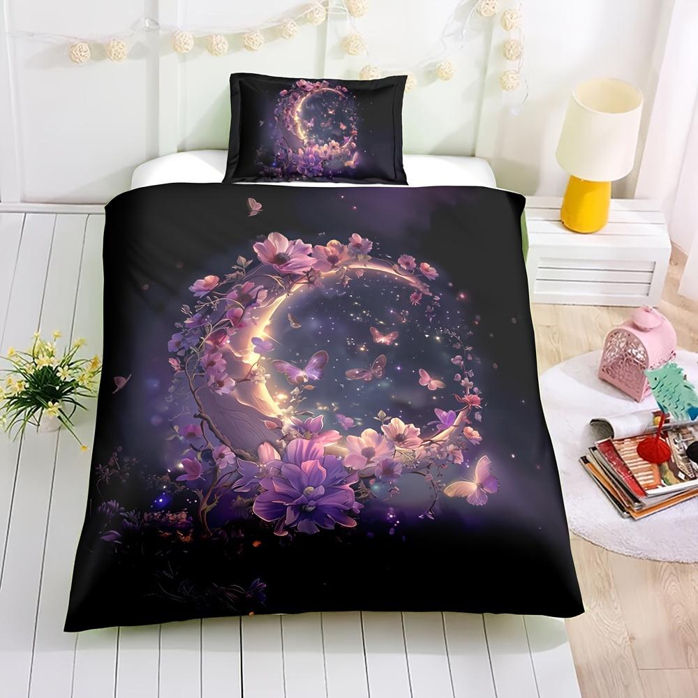 Aesthetic Purple Floral And Moon Print Duvet Cover With Pillowcases, No Filling, Soft Microfiber Bedding For Bedroom Decor