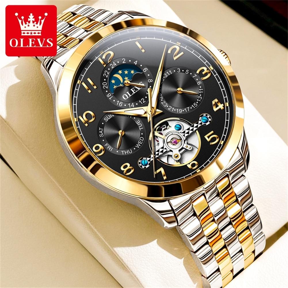 OLEVS 7018 Men's Watches Dgital Dial Skeleton Flywheel Automatic Mechanical Wristwatch Luxury Moon Phase Week Calendar Man Watch