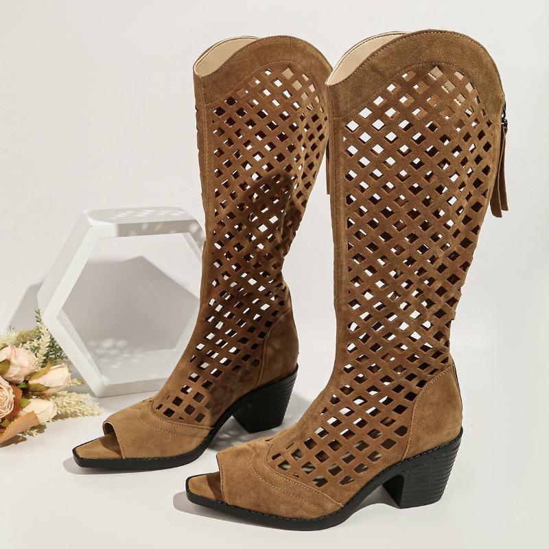 British style hollow middle heel cool boots women's summer new open-toed rear zipper retro large-size boots