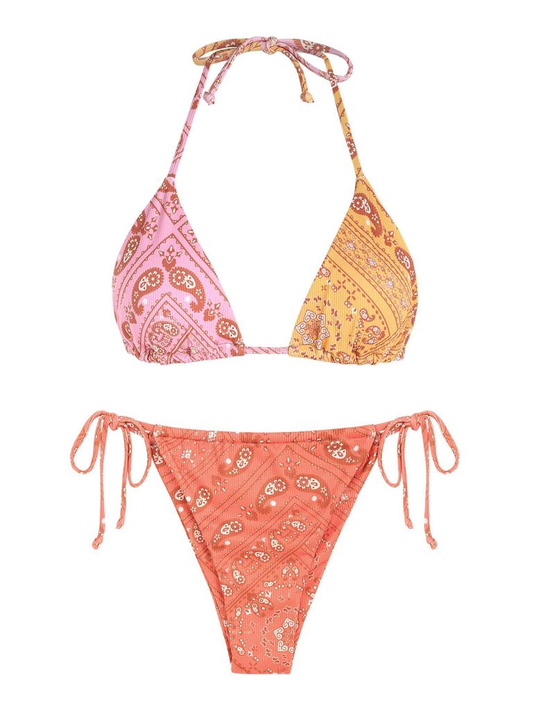 ZAFUL Ribbed Boho Paisley Print String Bikini Swimwear