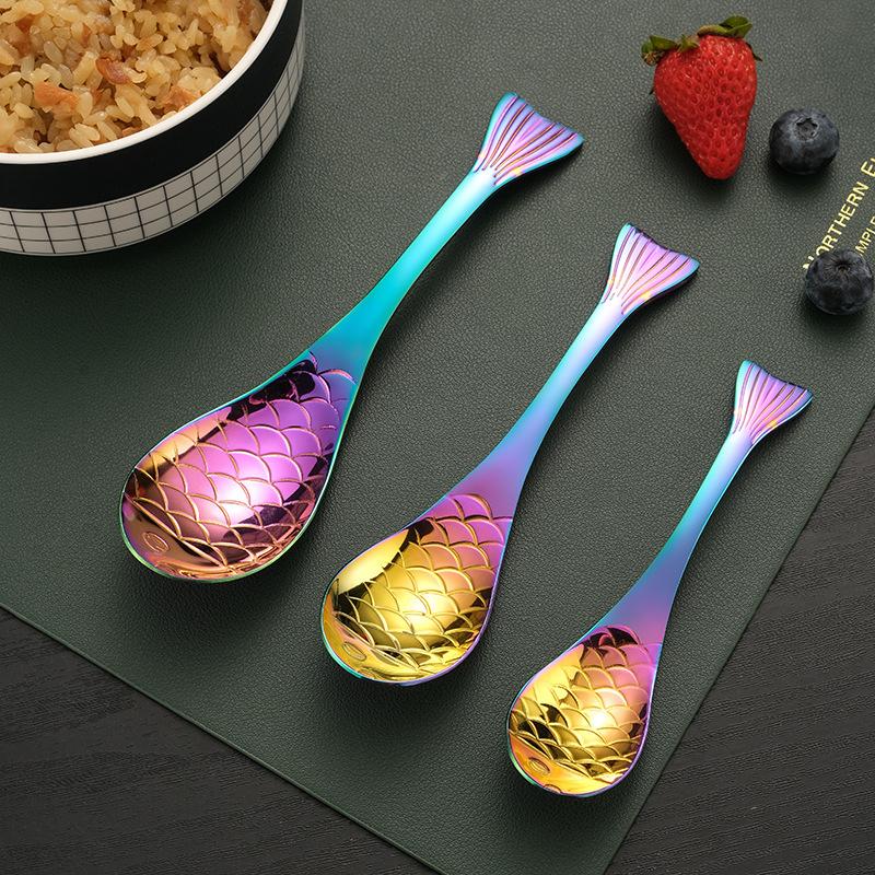 304 Stainless Steel Spoon Spoon Creative Fish-Shaped Cartoon Fish Spoon Dessert Spoon Rice Spoon Gold-Plated Stirring Spoons