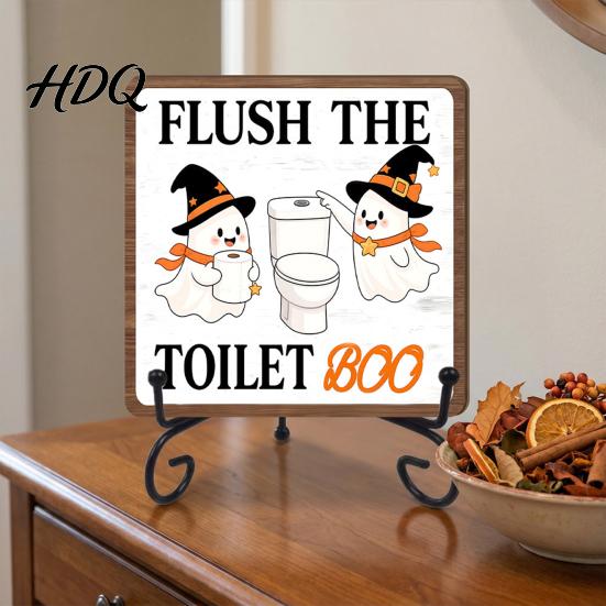 Bathroom Countertop Ornament Halloween Wooden Table Sign, Cute Spooky Ghost Plaque with Autumn Home Decorations Metal Stand for Kitchen Shelf