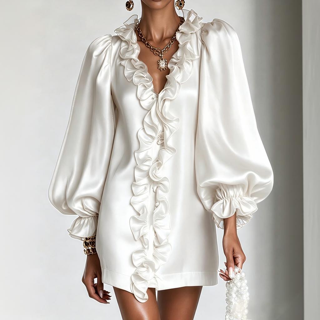 Damen Deep V-Ausschnitt Rüschenkragen Puffärmel Glänzendes Chiffon Kurzes Kleid für Elegante Anlässe