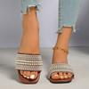 Women Square Toe Pearl Rhinestone Embellished Slide Sandals Flat Open Toe Slip On Bling Casual Summer Beach Walking Slippers