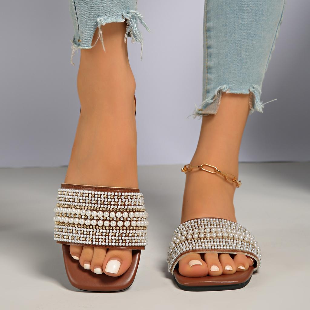 Women Square Toe Pearl Rhinestone Embellished Slide Sandals Flat Open Toe Slip On Bling Casual Summer Beach Walking Slippers